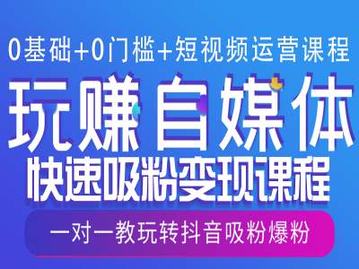 0基础+0门槛+短视频运营课程，玩赚自媒体快速吸粉变现课程，一对一教玩转抖音吸粉爆粉